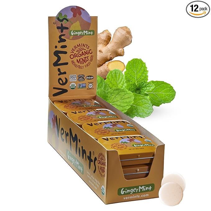 VerMints Organic Breath Mints GingerMint - Real Ginger Flavored Candies - Travel Size Tin - Non-GMO, Nut Free, Gluten Free, Vegan, Kosher & Organic Candy Mints - .63oz/18g (Pack of 12)