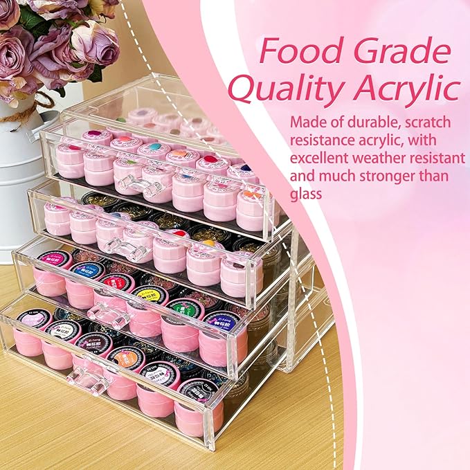 4 Tier Nail Art Decoration Storage Box，Acrylic Make Up & Jewelry Organizer with Drawers, Cosmetic Storage for Dresser Countertop and Bathroom，Beauty Holder for Lipstick Brush