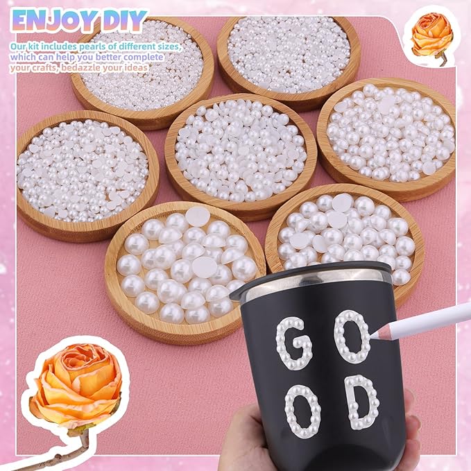 Nail Art Flat Back Half Round Pearl Kits, Mixed Sizes 6000 Pcs with B7000 Jewelry Glue White Small Pearls for Nails with Picking Tools for Graduation Cap Decorations Home DIY Body Face Craft Use