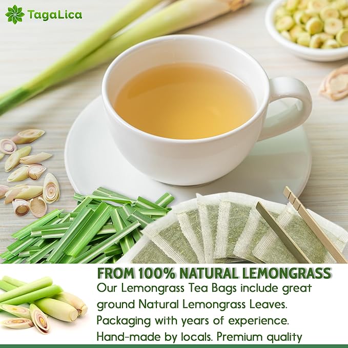 Tagalica, Premium 30 Lemongrass Tea Bags, 100% Natural & Pure Lemongrass leaves, Eco-Conscious Tea Bags, Lemongrass Herbal Tea. Lemongrass Leaf Tea. No Sugar, No Caffeine, No Gluten, Vegan.