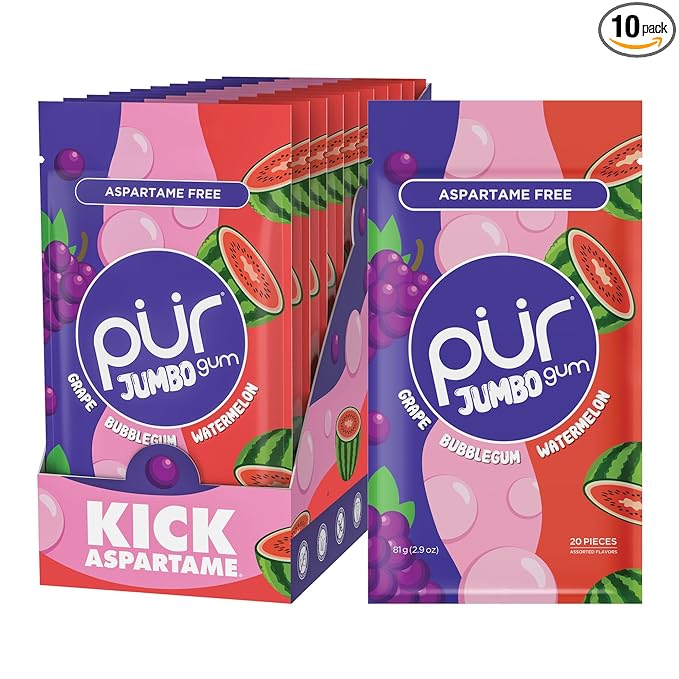 PUR Jumbo Gum | Aspartame Free Chewing Gum | 100% Xylitol | Natural Bubblegum, Grape, Watermelon Flavor, 20 Pieces (Pack of 10)