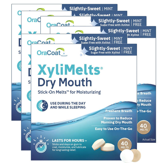 Oracoat XyliMelts for Dry Mouth Night Time or Day - Moisturizing Dry Mouth Adhering Discs, Sugar Free with Xylitol, 40 Count - 6 Pack, Slightly-Sweet Flavor, 8-Hour Relief