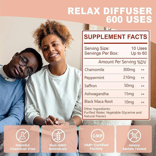 Relax Herbal Diffuser for Breathing in Calm丨De-Stress Blend with Ashwagandha, Maca Root, Saffron, Chamomile and Peppermint - Natural Ingredients, 600 Uses