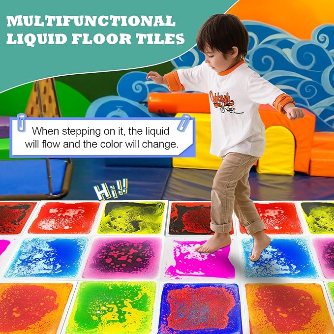 Liquid Sensory Tiles Floor Pads - 9 PCS Square Sensory Floor Mats for Kids Over Three Years Old