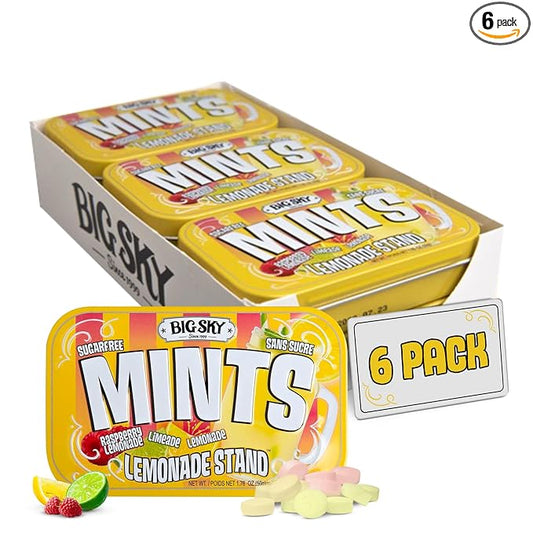 Big Sky Sugar Free Lemonade Stand Mints - 50 Count Tin (Pack of 6) | Kosher Certified, Vegan Candy | Aspartame & Gluten Free | Lemon Mint Flavored Sugar Free Mints for Travel, Sharing & Fresh Breath