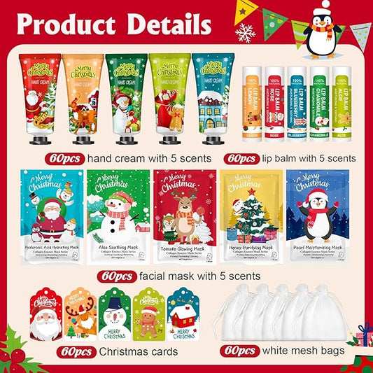 60 Pack Christmas Hand Cream, Facial Mask and Lip Balm Set, Stocking Stuffers for Women, Bulk Christmas Gifts for Coworkers, Party Supplies, Spa Party Favors and Decorations