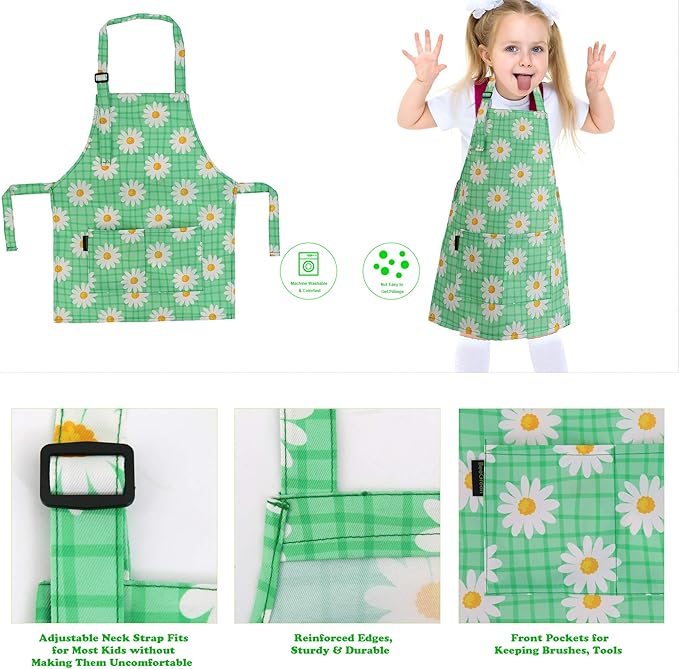 BeeGreen Kids Cooking Aprons w Adjustable Strap Kitchen Aprons w Front Pocket for Kids Toddler Painting Baking Artist