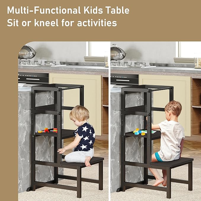 Kitchen Step Stool for Toddlers, Height Adjustable Toddler Tower with Safety Rail, Steel and Wood Toddler Kitchen Stool Helper Kids, Stool for Kids, Learning Tower, Kids' Desk Black