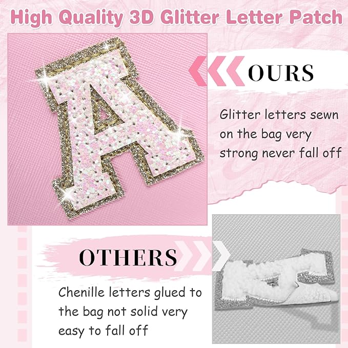 Small Personalized Initial A-Z Patch Makeup Bag,Pink Cute PU Leather Glitter Letter Cosmetic Bag for Teen Girls,Travel Toiletry Bag with Zipper,Preppy Monogrammed Birthday Gift for Daughter Niece V