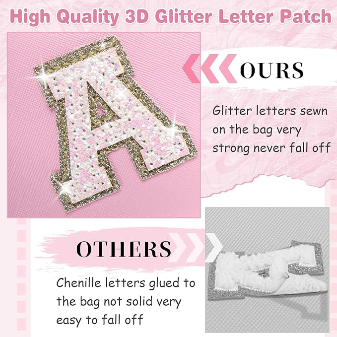 Small Personalized Initial A-Z Patch Makeup Bag,Pink Cute PU Leather Glitter Letter Cosmetic Bag for Teen Girls,Travel Toiletry Bag with Zipper,Preppy Monogrammed Birthday Gift for Daughter Niece H
