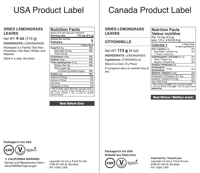 Food to Live Dried Lemongrass Leaves, 4 Ounces – Cut Lemon Grass Herb, Vegan, Bulk. Lemony Flavor and Aroma. Rich in Vitamin C. Essential Ingredient for Thai, Indian, Indonesian Dishes. Perfect for Herbal Tea