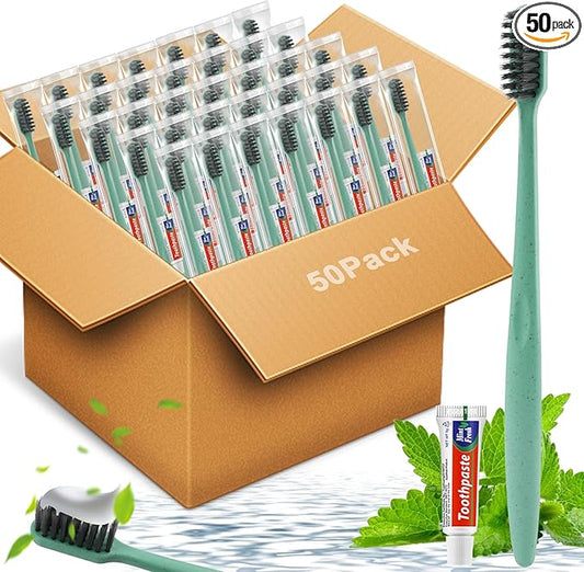 HOFASON Disposable Toothbrushes with Toothpaste 50 Pack, Disposable Travel Bulk Toothbrush and Toothpaste Set Individually Wrapped, Travel Size Toiletries for Homeless, Shelter, Charity, Hotel