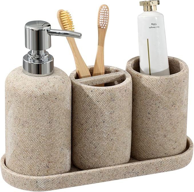 Bathroom Accessories Set, Bathroom Organizer Countertop, Soap Dispenser and Toothbrush Holder, Mouthwash Cup, Tray Set, Vanity Tray for Bathroom, 4 Pieces Modern Decor (Beige)