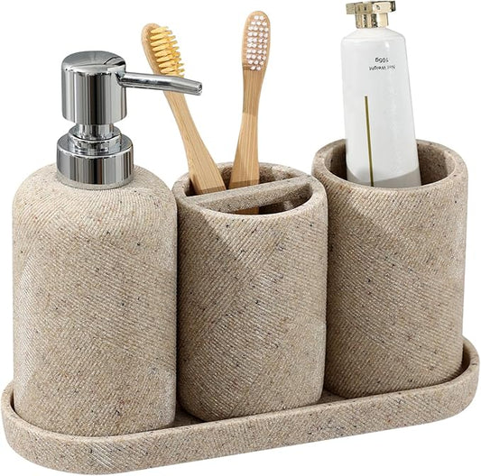 Bathroom Accessories Set, Bathroom Organizer Countertop, Soap Dispenser and Toothbrush Holder, Mouthwash Cup, Tray Set, Vanity Tray for Bathroom, 4 Pieces Modern Decor (Beige)