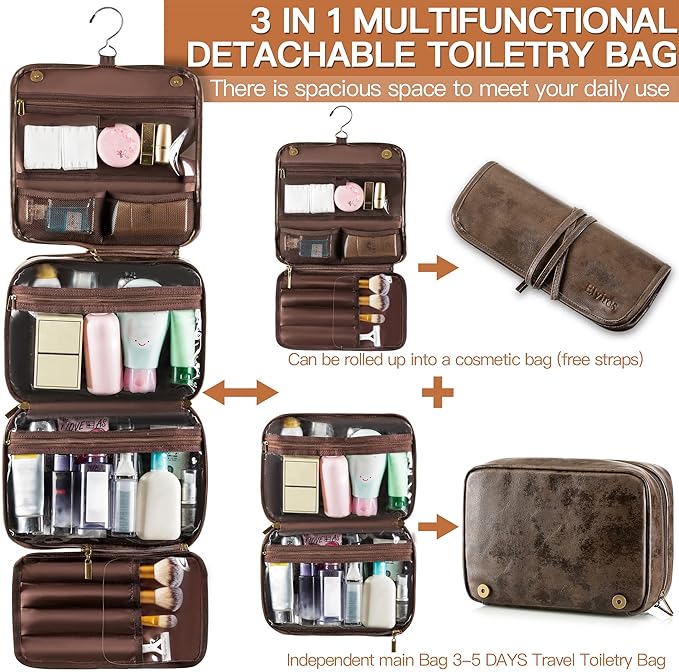 Elviros Hanging Toiletry Bag Removable Travel Bag PU leather Makeup Cosmetic Organizer Kit, Coffee