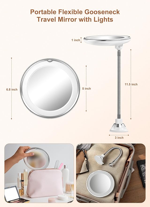 10x Magnifying Mirror with Light, Flexible Gooseneck Make up Mirror with Lights and Magnification, Battery Operated Cordless with Suction Cups for Wall Bathroom