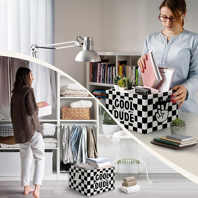 Cool Dude Boy Foldable Checkered Basket Storage Bins Box with Handles, Black and White Collapsible Organizer for Kids Boys Room Bedroom Bathroom Nursery Playroom Clothes Toys Books