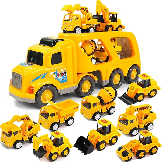 Veslier 9 in 1 Construction Truck Toys for Ages 3 4 5 6 Years Old,Vehicles with Sounds and Lights in Carrier Truck, Push and Go Toys Trucks,Birthday Gift for Toddler 3 4 5 6 Year Old.