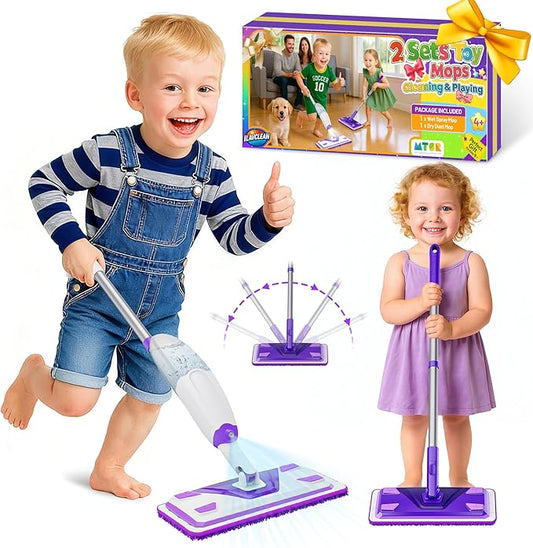 2 Set Toy Mop for Kids - Toddler Real Spray Mop and Flat Floor Mop Montessori Cleaning Toy Set, Educational and Fun Gifts for Boys and Girls Ages 4+
