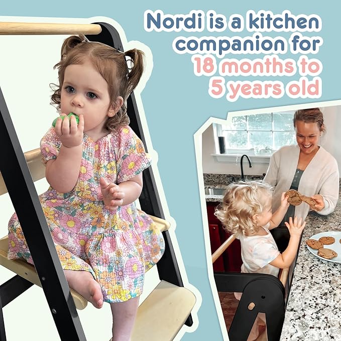 HARPPA Nordi Foldable Toddler Kitchen Tower, Montessori Kitchen Stools Helper, Standing Tower with 3 Adjustable Heights, Suitable Age for 2-6 Years, Black