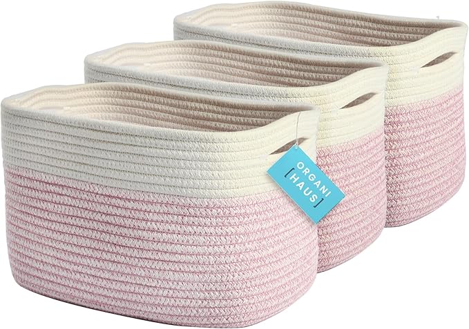 OrganiHaus Set of 3 Pink Woven Storage Baskets for Shelves, Decorative Organizer Bins for Closet & Bathroom, Multipurpose Home Organization Baskets, Toy Storage Basket - 15x9x10 inches