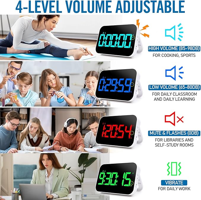 Kitchen Timer （1.5" Number） 10 RGB Color Changing Digital Magnetic Timer, Countdown/Up, Rechargeabilit, 3 Brightness Display, 3 Volume Levels and Vibration Mode, for Classroom, Study, Fitness