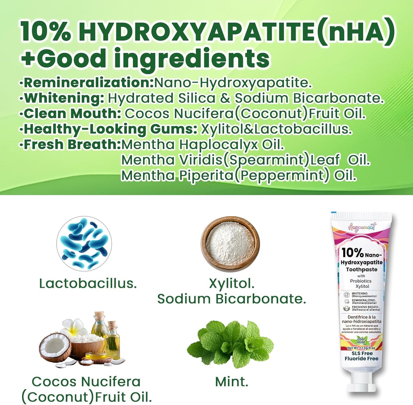 Anymoment 10% Nano Hydroxyapatite Toothpaste (Fluoride Free), Whitening*, Supports Enamel Care*, Appropriate for Sensitive Teeth*, SLS Free, Xylitol nHA Toothpaste for Adults, Mint 4oz (Pack of 3)