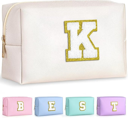 TOPEAST Initial Cosmetic Bag, PU Leather Waterproof Travel Toiletry Bag, Monogrammed Gifts for Women, Personalized Birthday Gift for Sister Friends, Cute Stuff for Girls (White K)