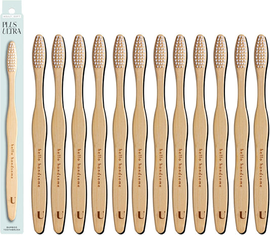 Biodegradable and Eco-Friendly Bamboo Toothbrush 12-Pack - BPA Free Soft Bristle - Dentist-Approved and All-Natural with "Hello Handsome" Etched on Handles by Plus Ultra