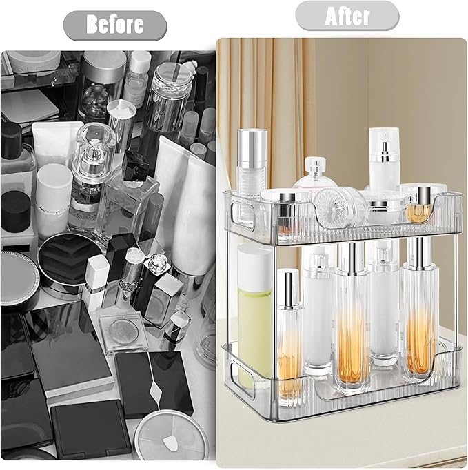 2-Tier Bathroom Counter Organizer Countertop Storage, Dresser Organizer Vanity Tray for Makeup, Perfume Organizer Cosmetics Skincare Shelf - Grey
