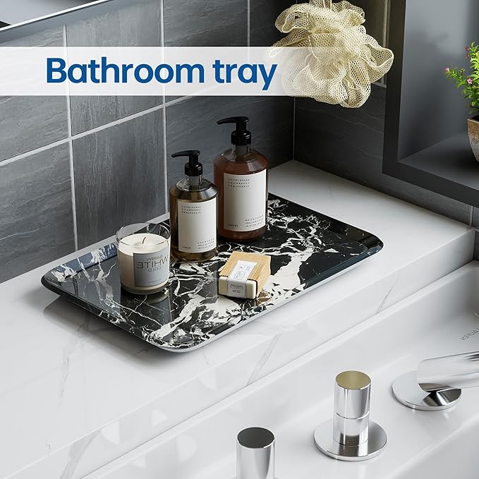 Vanity Decorative Tray, 12" x 8" Black Marble Pattern Perfume Tray, Bathroom & Countertop Organizer for Soap, Jewelry, Candle