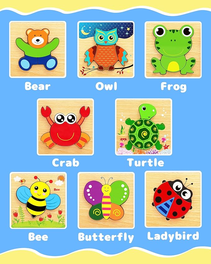 Bekayshad Wooden Puzzles Toddler Toys Gifts for 1 2 3 Year Old Boys Girls, 8 Pack Animal Jigsaw Puzzles Montessori Toys, Learning Educational Christmas Birthday Gifts for Girls Boys Ages 1-3