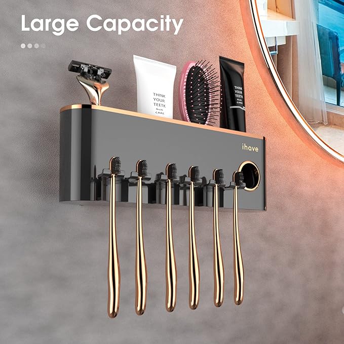 iHave Toothbrush Holders Bathroom Accessories with Toothpaste Dispenser, 3 Cups Toothbrush Holder Wall Mounted Bathroom Decor