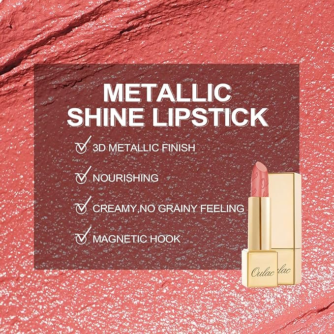 Oulac Coral Matte Lipstick with Glow Metallic Finish - Vegan Lipstick for Women, Creamy Texture, Hydrating Clean Beauty Formula, High-End Magnetic Hook Design, GM08 Enthusiasm