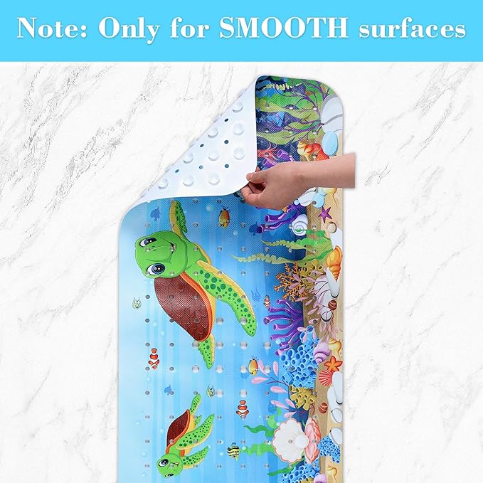 Bath Mat for Tub Non Slip, Machine Washable Anti-Slip Cartoon Baby Bathtub Shower Mat with Drain Holes and Suction Cups for Toddler & Kids, 40 Inch x 16 Inch, Red Turtles