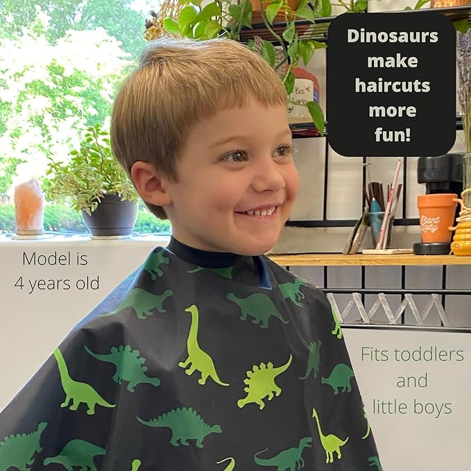 Kids Barber Cape For Boys Hair Cutting at Home, Salon or Barber Shop, Kids Hair Cutting Cape for Boys and Toddlers, Adjustable Neck with Plastic Snaps, Dinosaur