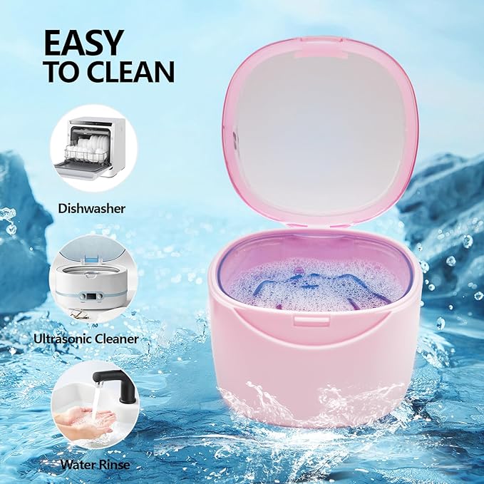 Partial Denture Case Leak Proof with Strainer Basket and Brush, Waterproof Denture Cup Retainer Cleaning Bath Case Travel for Dentures, Braces, Night Guard - Pink