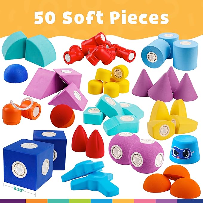 Blockaroo Magnetic Foam Bath Building Blocks - 50-Piece Trunk Set, Preschool Toys, Bathtub Toys, Sensory Toys, Engineering Toys for Kids 3-5
