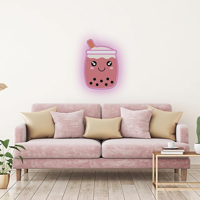 Bubble Tea NEON Wall Sign, Cute Drink LED Light, Wall Decor, Perfect for Holiday and Birthday Gift, Party Decor, Pink Bubble Tea with face for Kids Room, Bar, Restaurant