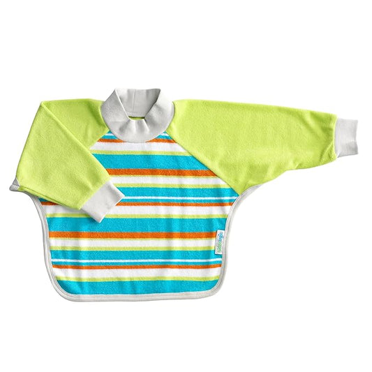 Kiddologic Bibit-all Baby Feeding Bib, Long Sleeves, Ribbed Cuffs, High Collar, Stretchy Pullover Smock, Soft Absorbent Terry, Waterproof Lining, Unisex Toddler 12-36 Months, Fresh Lime (Green) Stripe