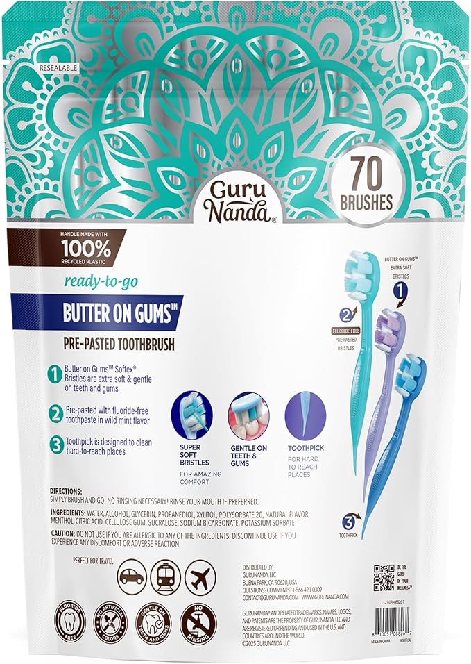 GuruNanda Ready-to-Go Disposable Mini Travel Toothbrushes - Butter on Gums Softex Bristles, Pre-Pasted Toothbrush & Toothpick - Fluoride-Free, No Rinsing Needed, 70 Ct