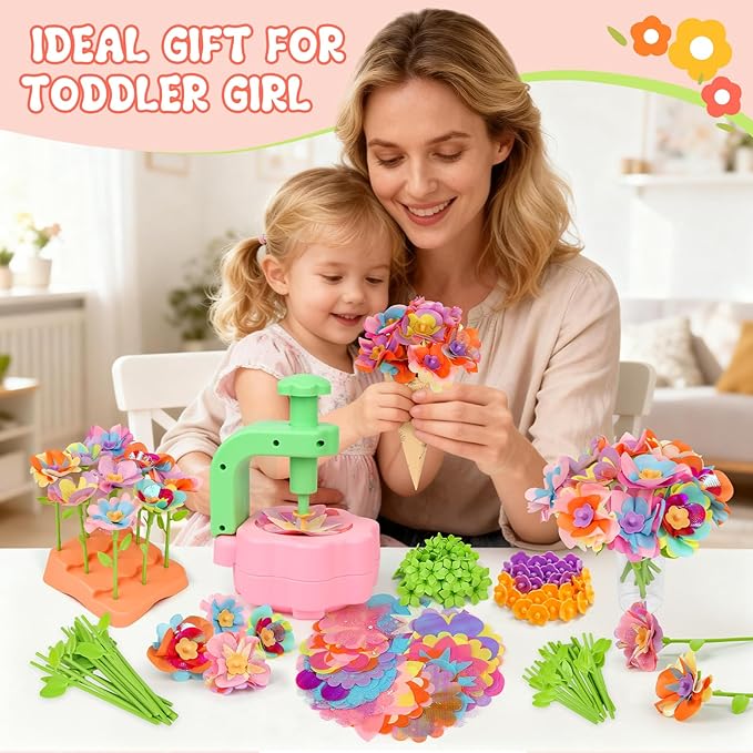 Fabric Flower Bouquets Toys, Arts and Crafts Activity Kit for Kids Ages 3-12, DIY Flower Craft Kits for Toddler, Educational Activity Preschool Birthday Gifts for 3 4 5 6 7 8 9 10+ Year Old Girls