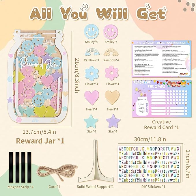Personalized Magnetic Reward Jar for Kids, Star Jar Reward System with Colorful Letter Stickers, Potty Training Chart Toddler Boys/Girls, Positive Behavior Chart for Classroom (40Pcs)