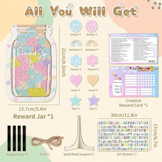 Personalized Magnetic Reward Jar for Kids, Star Jar Reward System with Colorful Letter Stickers, Potty Training Chart Toddler Boys/Girls, Positive Behavior Chart for Classroom (40Pcs)