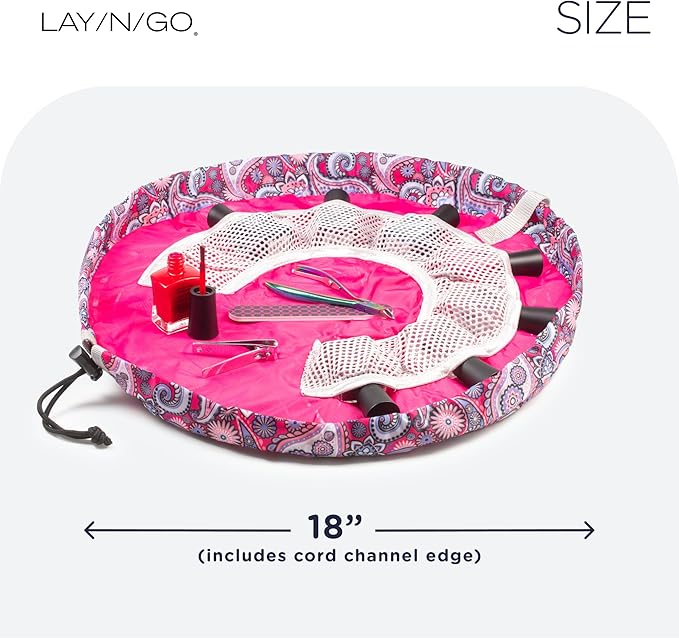 Lay-n-Go NailSpa Drawstring Cosmetic Bag - Portable Nail Supplies Organizer Bag w/ 8 Elastic Mesh Pockets & Circular Center - Durable, Machine Washable Nail Kit Organizer (18", Pink Paisley)