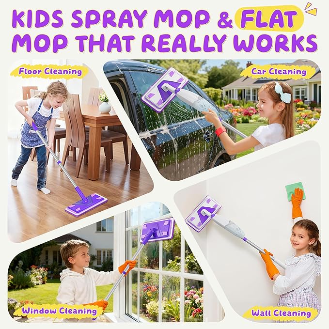 2 Set Toy Mop for Kids - Toddler Real Spray Mop and Flat Floor Mop Montessori Cleaning Toy Set, Educational and Fun Gifts for Boys and Girls Ages 4+