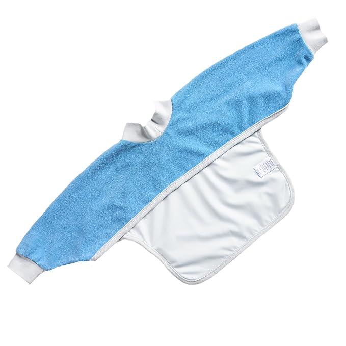 Kiddologic Bibit-all Baby Feeding Bib, Long Sleeves with Ribbed Cuffs and High Collar, Comfortable Stretchy Pullover Smock, Soft Absorbent Terry, Waterproof Lining, Toddler Boy 12-36 Months, Sky Blue