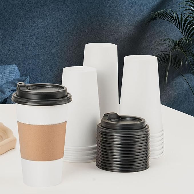 RACETOP Disposabe Coffee Cups with Lids and Sleeves 16 oz 50 Pack, Hot Paper Coffee Cups with Lids, To Go Cup with Lid, Ideal for To Go Coffee, Travel, Office, Home