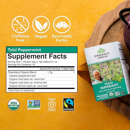 ORGANIC INDIA Tulsi Peppermint Tea - Caffeine Free Herbal Mint Tea - Stress Relieving Holy Basil, Immune & Digestion Support, Vegan, USDA Certified Organic, Fairtrade - 18 Infusion Bags, 3 Pack