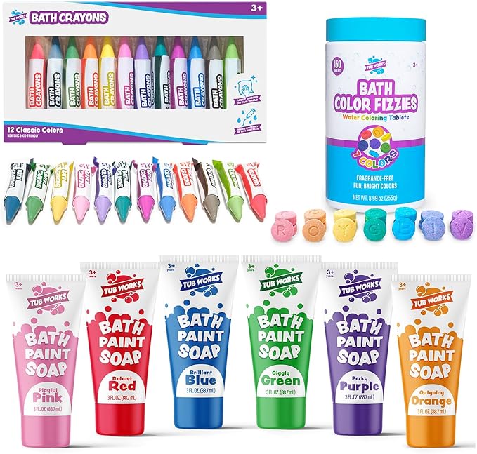 Tub Works® My Colorful Bath™ Kids Bath Set | Nontoxic | Fizzy Bath Color Tablets (150 Count), Smooth™ Bath Crayons (12 Pack) & Bath Paint Soap (6 Pack) | Creative Bath Toys for Toddlers & Kids